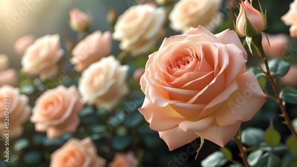Obraz Soft Peach Rose in Bloom with Blurred Rose Garden Background