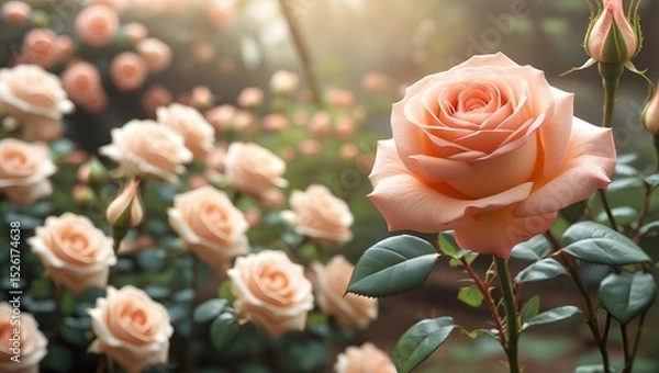 Obraz Soft Peach Rose in Bloom with Blurred Rose Garden Background