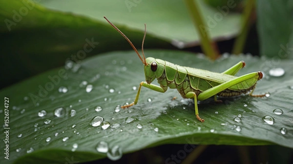 Obraz Green Grasshopper on Green Leaf