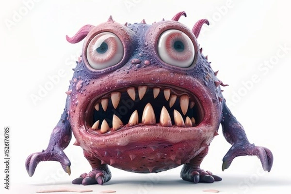 Obraz This quirky 3D cartoon monster sports a textured purple-pink body and massive eyes full of personality. With its exaggerated teeth and surprised expression