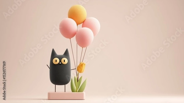 Fototapeta Playful cat holding colorful balloons and flower