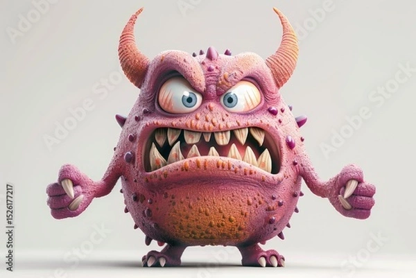 Obraz Pink horned monster with a fierce glare ready to strike. This fairy-tale creature combines aggression with the comical charm of 3D cartoons