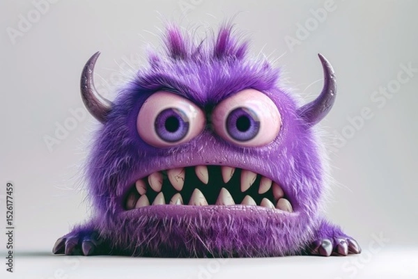Obraz Furry purple monster with horns and a surprised facial expression