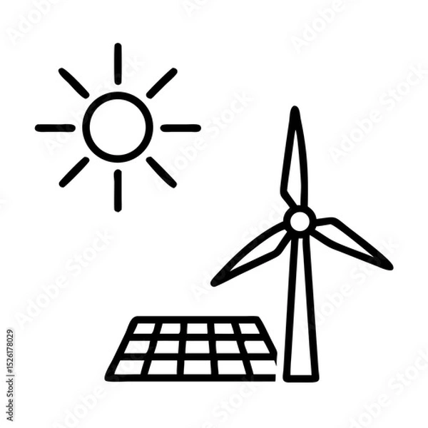 Fototapeta Solar panel and wind turbine with sun outline on white background  