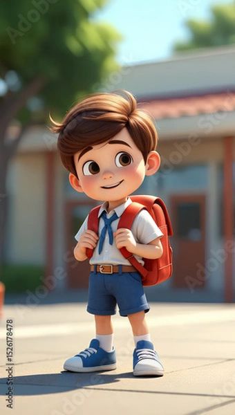 Obraz Cheerful cartoon young schoolboy stands in a schoolyard, wearing a backpack and a school uniform, excited for a day of learning and adventure in bright sunlight. Back to school concept. Generative AI.