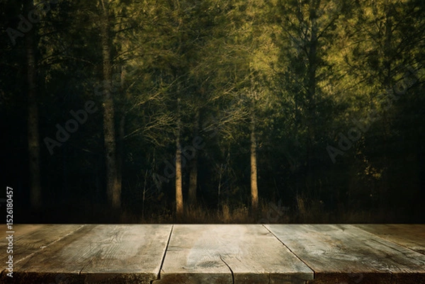 Obraz Empty rustic table in front of countryside background. product display and picnic concept
