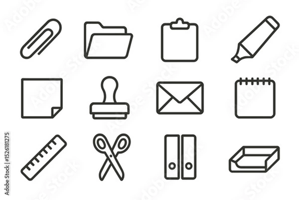 Obraz Minimalist office supply icons: paperclip, folder, clipboard, highlighter, envelope, scissors