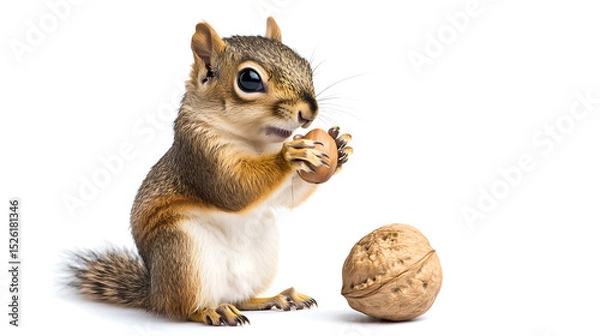 Obraz  Adorable baby squirrel holding a walnut with large eyes and fluffy tail, isolated on a white background, cute woodland creature