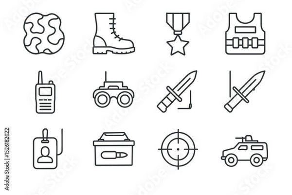 Obraz Military equipment icons set featuring weapons, vehicles, and gear