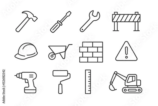 Fototapeta Outline of construction tools and safety symbols with hammer, hard hat, and drill