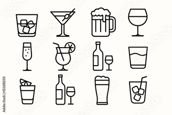Obraz Set of various drink icons: cocktails, wine, beer in line art style