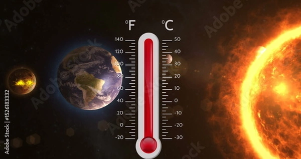 Obraz Image of digital thermometer over sun and planets