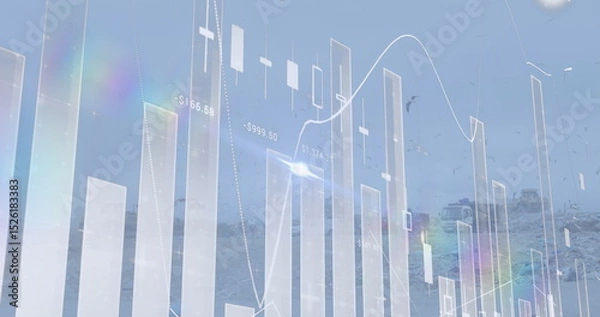 Obraz Image of graph and data over timelapse with trucks on waste dump