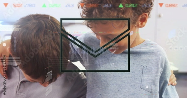 Obraz Image of email icon against caucasian kids wrapping arms around each other