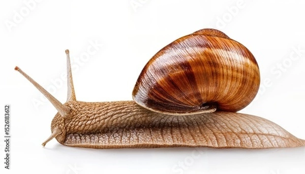 Fototapeta Lone Garden Snail against a Pristine White Backdrop, a Delicate Splash of Green and Shimmering Texture, Capturing the Essence of Natures Quiet Majesty.