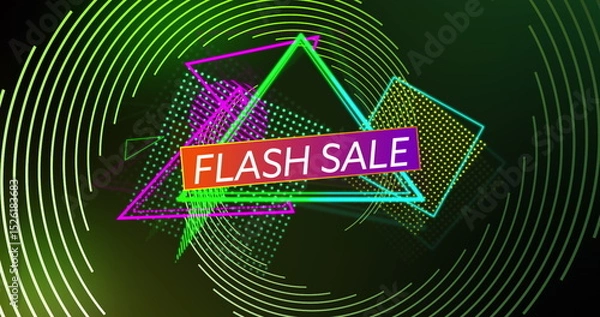Fototapeta Image of flash sale over triangles and dark green background with lines