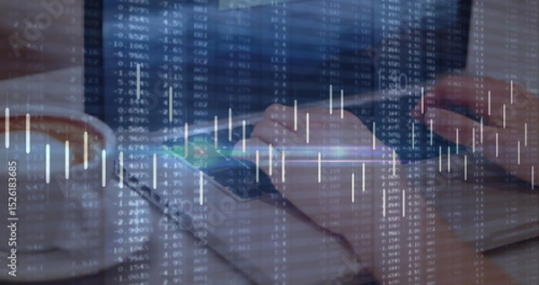 Fototapeta Image of financial data over caucasian woman using laptop