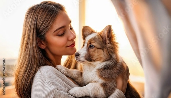 Fototapeta Gentle Bonding Moment between a Young Woman and Cute Puppy Amidst a Warm Autumn Afternoon in a Cozy Living Room, Illuminating Heartwarming Emotions and the Perfect Harmony of Mans Best Friend.