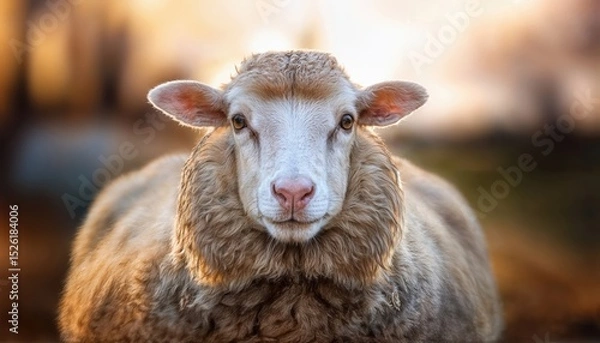 Fototapeta Tranquil Sheep Portrait against Idyllic Morning Meadow Backdrop, Capturing the Calm and Soothing Beauty of Natures Early Light.