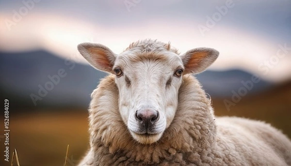 Fototapeta Fluffy White Sheep Gaze Soft and Gentle Portrait of a Fluffball Amidst Serene Countryside, Evoking Tranquility and Peacefulness
