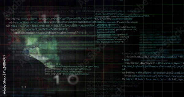 Fototapeta Image of data processing over binary code and caucasian male hacker