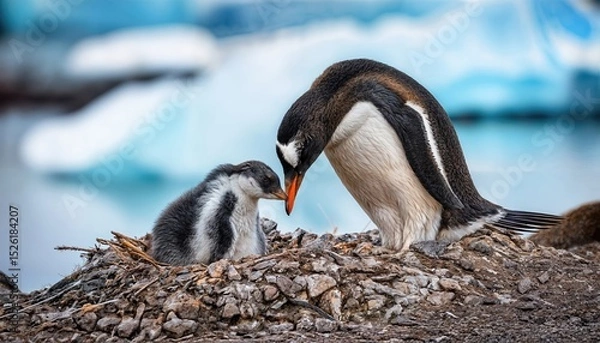 Fototapeta Gentoo Penguins Pygoscelis papua Nurturing Chick at Neko Harbor on the Antarctic Peninsula in a Chilly and Picturesque Winter Scene