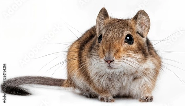 Fototapeta Striking Portrait of a Gerbil against a Crisp White Backdrop, Showcasing Detailed Fur Textures and Bright Eyes in High Contrast Lighting, Perfect for Digital Art, Home Decor, or Design