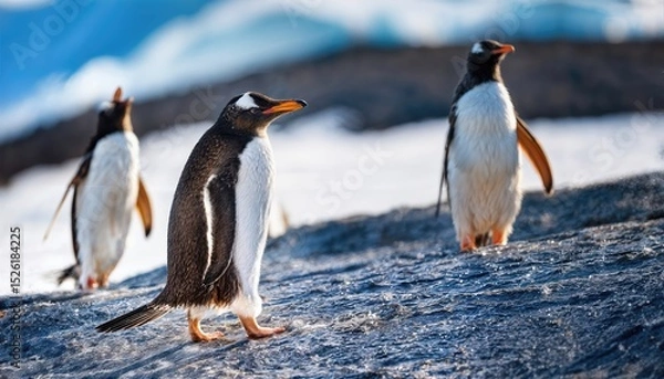Fototapeta Charming Gentoo Penguin Colony Thriving Amidst the Frozen Beauty of Antarcticas Icy Shorelines, Capturing the Vitality and Resilience of Nature in its Arctic Majesty.