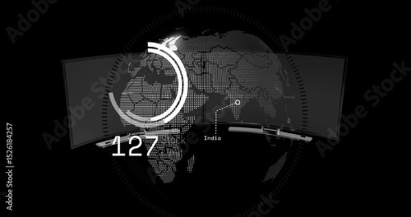 Fototapeta Image of globe and numbers over modern tvs