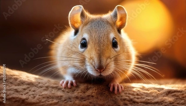 Fototapeta Adorable Pet Gerbil Snuggled in Soft Bedding, Showcasing Cute Mouth and Whiskers, Captured with Warm Natural Lighting, Perfect for Digital Art, Home Decor, or Design Inspiration.