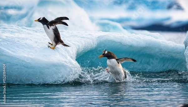 Fototapeta Gentoo Penguins Leaping into the Icy Ocean Energetic Flocks Against an Arctic Backdrop, Capturing a Moment of Wildlife Wonder