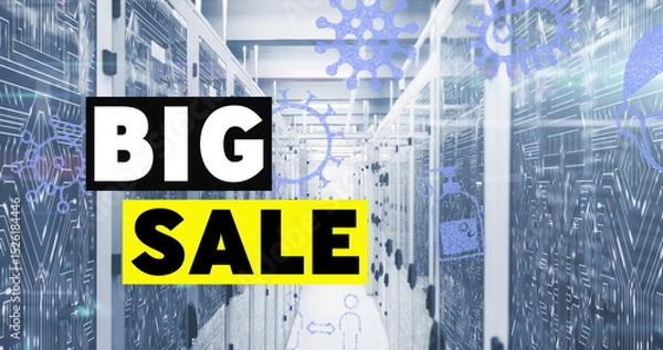 Fototapeta Image of big sale text over covid 19 icons and computer servers