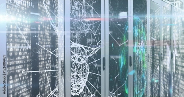 Fototapeta Image of numbers and data processing over computer servers