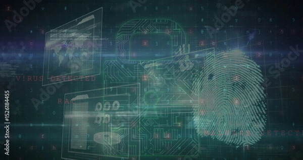 Fototapeta Image of digital padlock with integrated circuit and fingerprint over data on digital screens