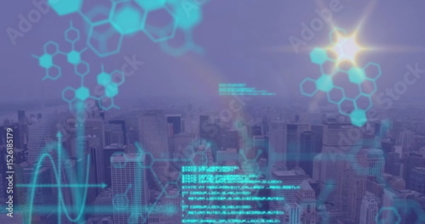 Fototapeta Image of data processing over cityscape
