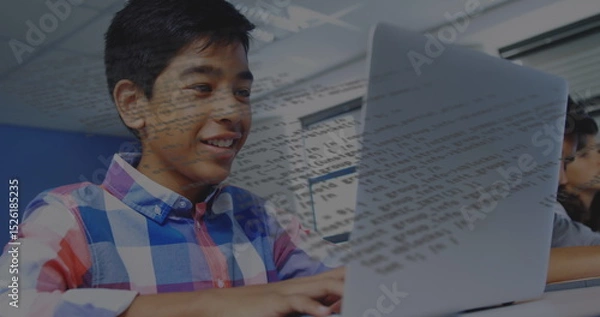 Fototapeta Image of data processing over diverse schoolchildren using laptop