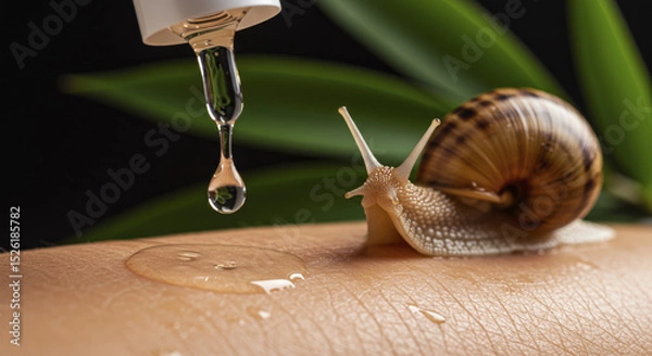 Fototapeta Snail on Skin with Essence Dropping for Snail Mucin Treatment