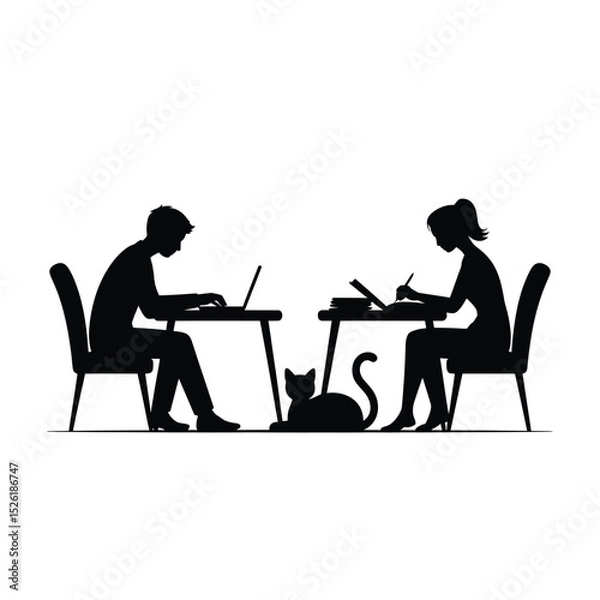 Fototapeta Silhouette of a Couple Working from Home with Their Cat