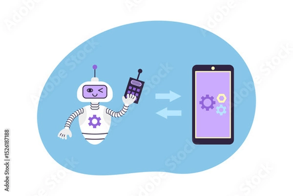 Fototapeta Cute robot controls smartphone with remote control. Remote control and technical support concept. Isolated vector illustration.