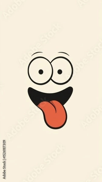 Fototapeta A cute cartoon smiley face with big eyes and a long tongue, in a simple style, on a solid pure background, with a cute shape and simple design, suitable as a cute mobile phone wallpaper