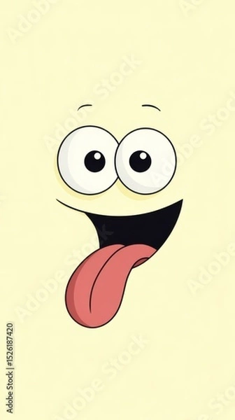 Fototapeta A cute cartoon smiley face with big eyes and a long tongue, in a simple style, on a solid pure background, with a cute shape and simple design, suitable as a cute mobile phone wallpaper