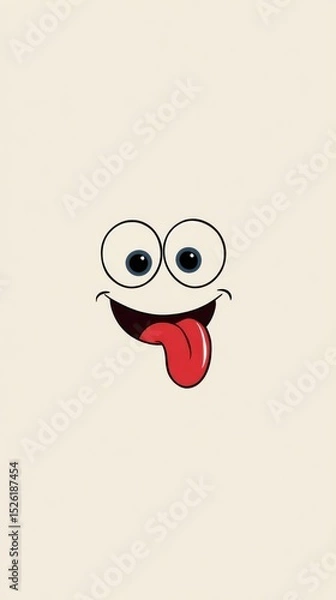 Fototapeta A cute cartoon smiley face with big eyes and a long tongue, in a simple style, on a solid pure background, with a cute shape and simple design, suitable as a cute mobile phone wallpaper