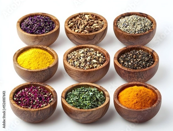 Obraz Photo of assorted spices in wooden bowls, offering a vibrant display of culinary ingredients and flavors
