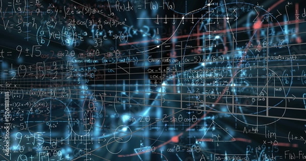 Fototapeta Image of digital screen with data and math formulas on black background