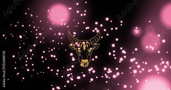Fototapeta Image of bull of taurus zodiac sign against illuminated floating pink particles and lens flare