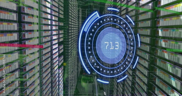 Fototapeta Image of scope scanning with numbers and data processing over computer servers