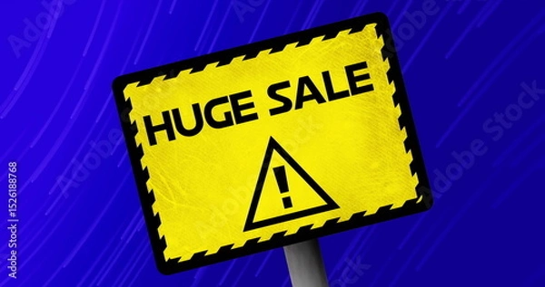 Fototapeta Image of yellow board with huge sale text and alert sign over lines moving on blue background