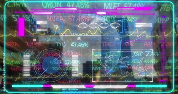 Fototapeta Image of digital screen with globe, financial data and graphs over cityscape