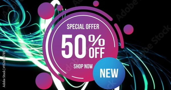 Fototapeta Image of 50 percent off in circle over lines on black background