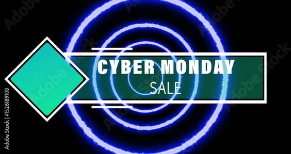 Fototapeta Image of cyber monday and sale text with blue square in banner over illuminated circles